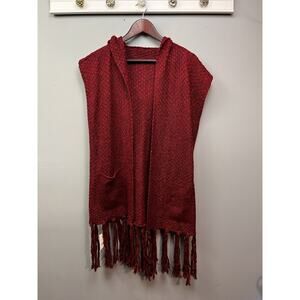 LOF Hooded Sweater Vest Womens Large Red Fringe Pockets Festival‎ Classic NEW